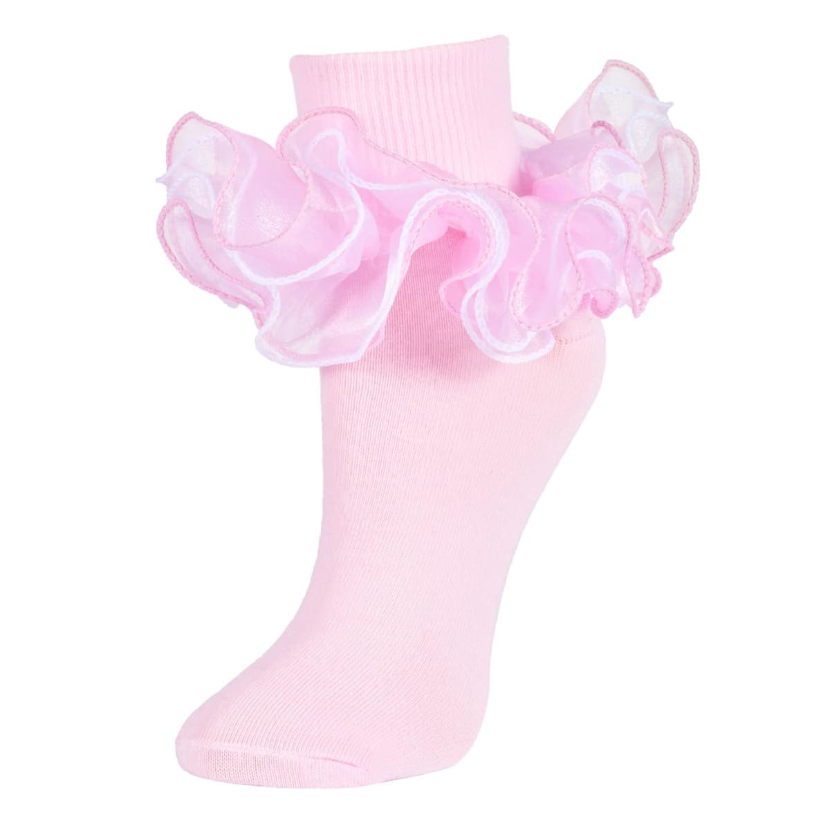 Women Big Ruffle Ankle Socks Adult Four Lace Frilly Socks Cotton Turn Cuff Crew Bobby Bride Dress Sock Fits US Size 6-10, Pink 1 Pairs, One Size