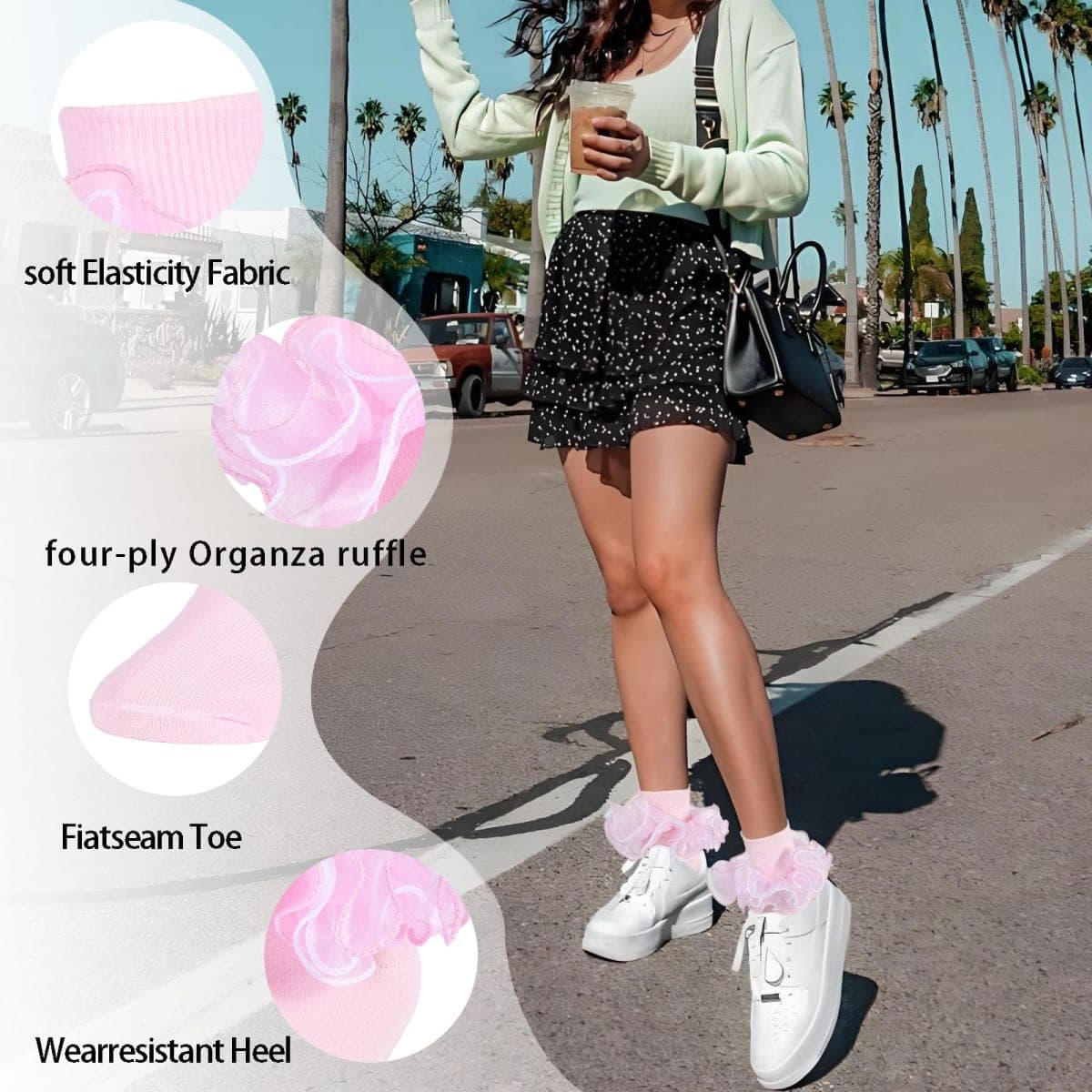 Women Big Ruffle Ankle Socks Adult Four Lace Frilly Socks Cotton Turn Cuff Crew Bobby Bride Dress Sock Fits US Size 6-10, Pink 1 Pairs, One Size thumbnail 2
