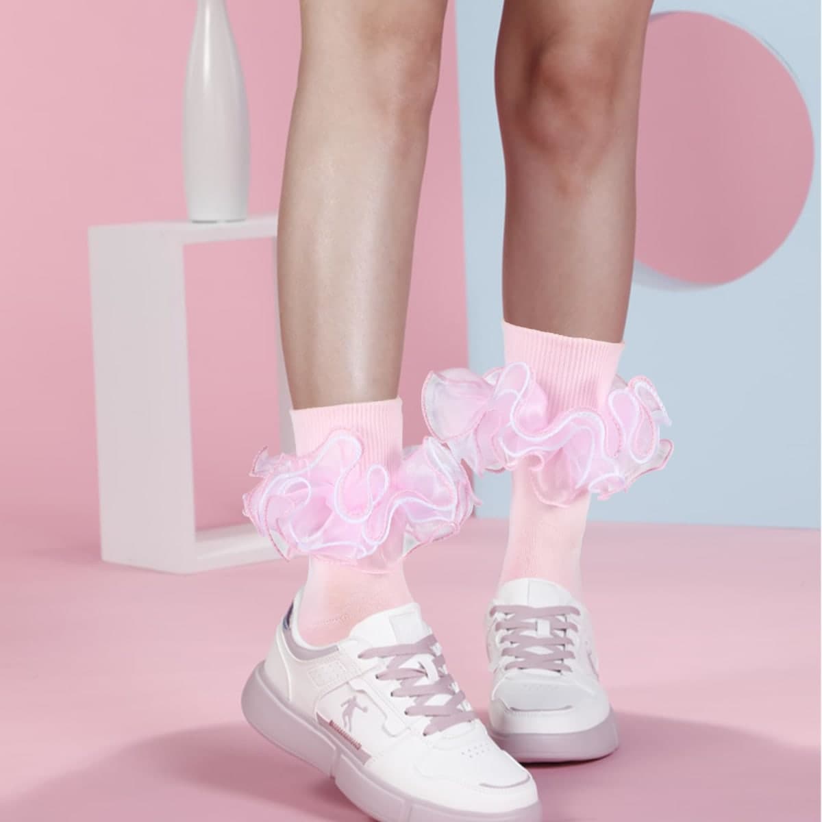 Women Big Ruffle Ankle Socks Adult Four Lace Frilly Socks Cotton Turn Cuff Crew Bobby Bride Dress Sock Fits US Size 6-10, Pink 1 Pairs, One Size thumbnail 3