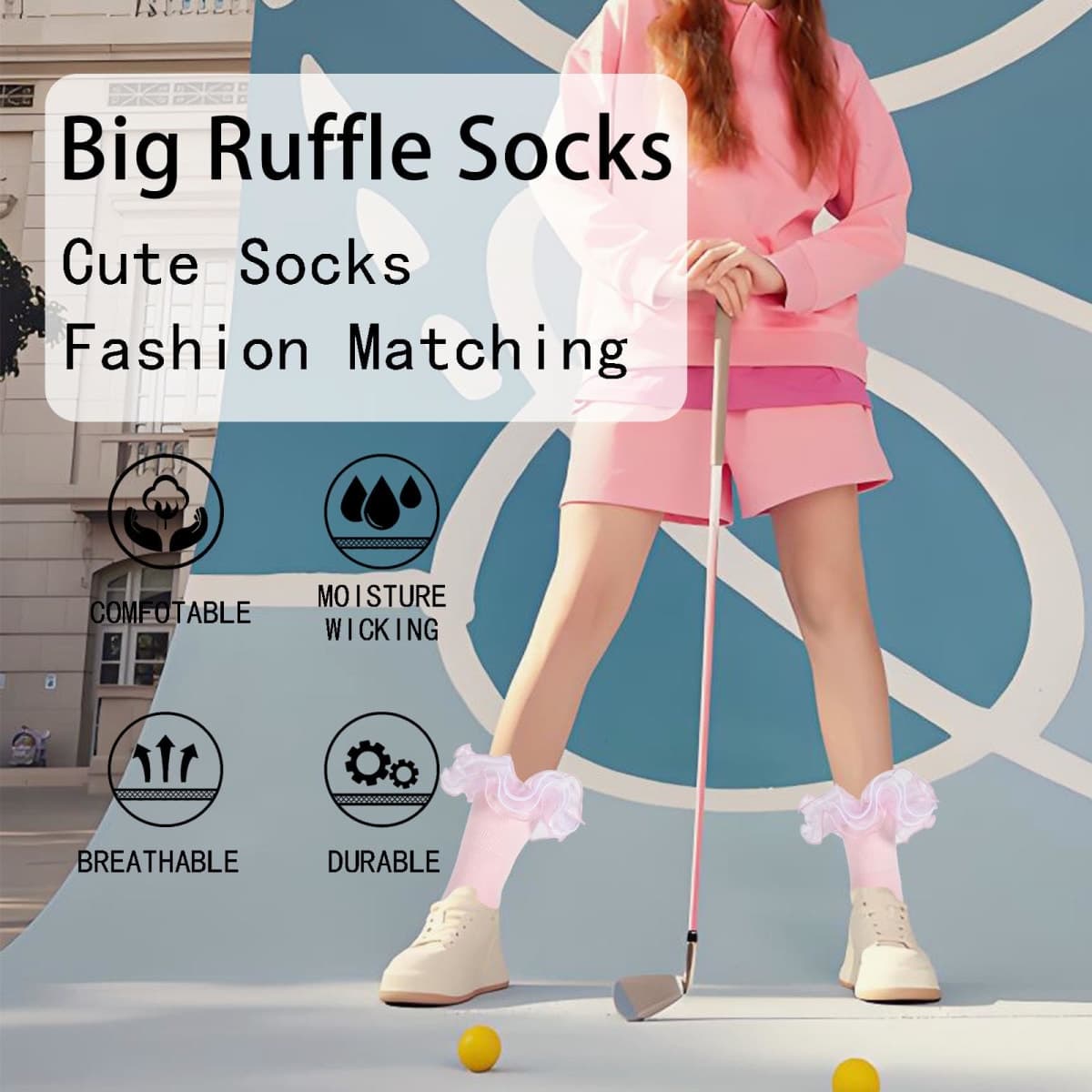 Women Big Ruffle Ankle Socks Adult Four Lace Frilly Socks Cotton Turn Cuff Crew Bobby Bride Dress Sock Fits US Size 6-10, Pink 1 Pairs, One Size thumbnail 4