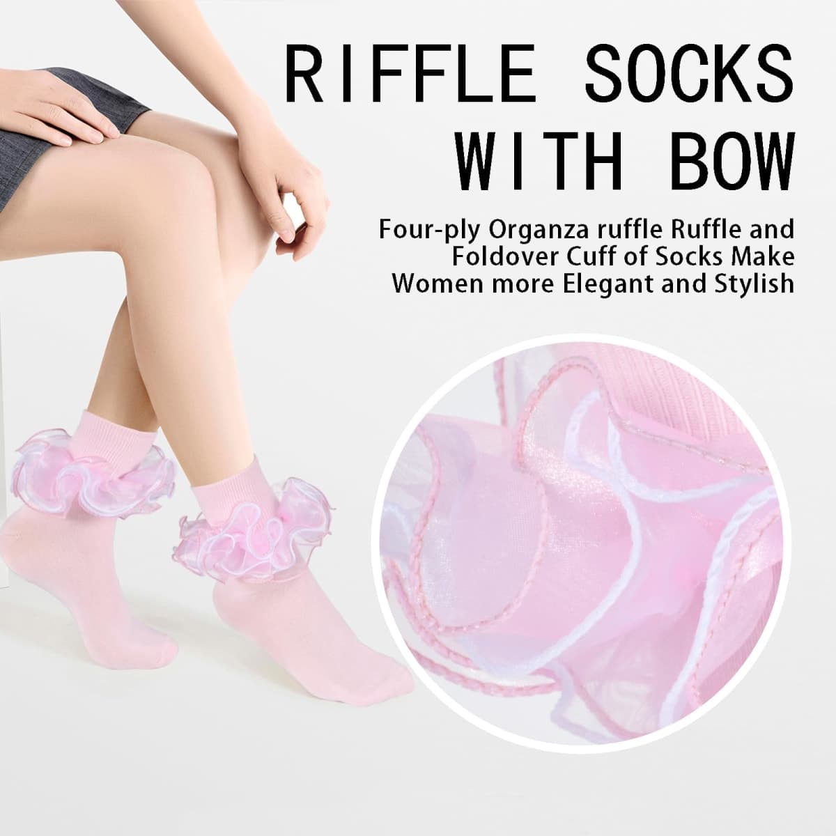 Women Big Ruffle Ankle Socks Adult Four Lace Frilly Socks Cotton Turn Cuff Crew Bobby Bride Dress Sock Fits US Size 6-10, Pink 1 Pairs, One Size thumbnail 5