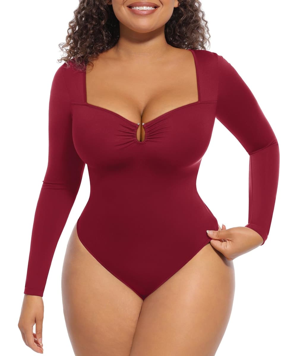 FeelinGirl Shapewear Bodysuit for Women Long Sleeve Tummy Control Body Suits Seamless Thong Body Shaper, Red, Large