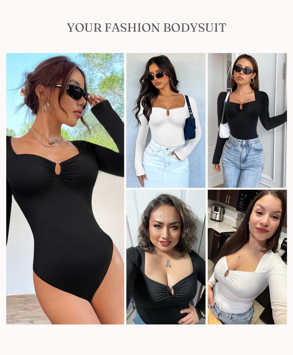 FeelinGirl Shapewear Bodysuit for Women Long Sleeve Tummy Control Body Suits Seamless Thong Body Shaper, Red, Large thumbnail 2