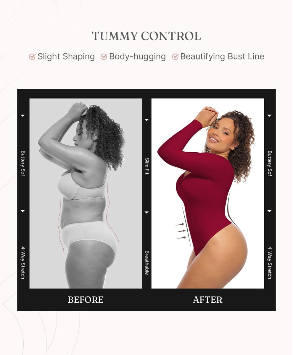 FeelinGirl Shapewear Bodysuit for Women Long Sleeve Tummy Control Body Suits Seamless Thong Body Shaper, Red, Large thumbnail 3
