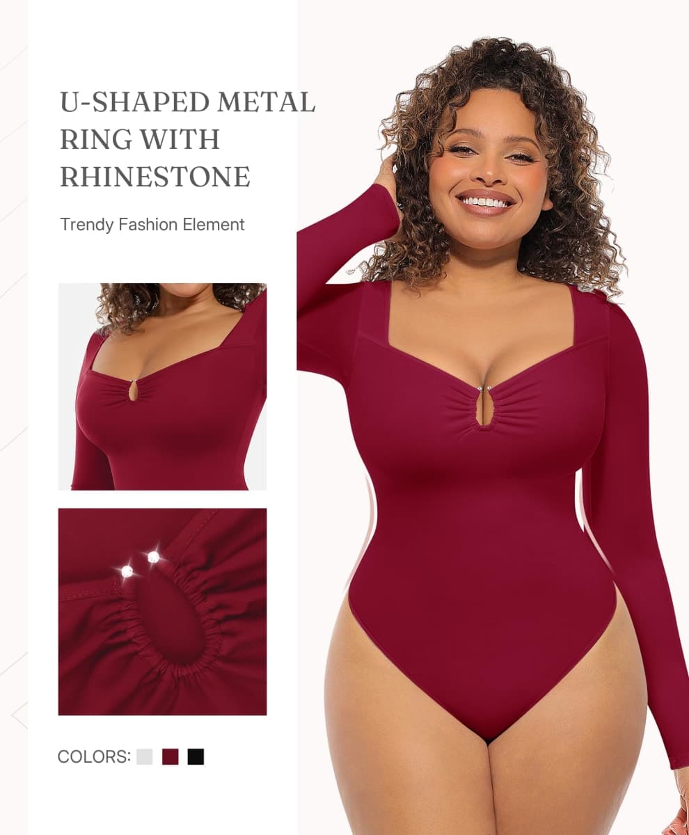 FeelinGirl Shapewear Bodysuit for Women Long Sleeve Tummy Control Body Suits Seamless Thong Body Shaper, Red, Large thumbnail 4
