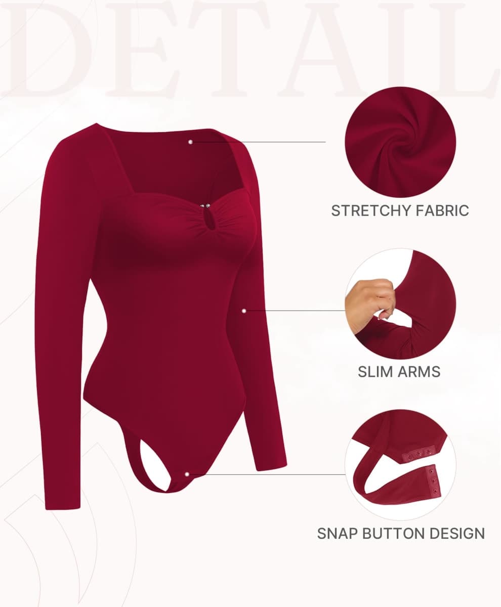 FeelinGirl Shapewear Bodysuit for Women Long Sleeve Tummy Control Body Suits Seamless Thong Body Shaper, Red, Large thumbnail 5
