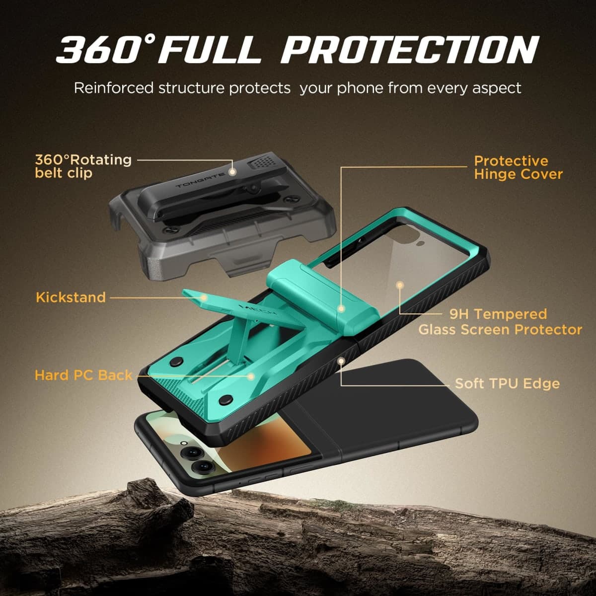 TONGATE for Motorola Razr 2026 Case, Razr 2025/2024 Case,with Front Screen Protector, [Stand & Belt-Clip] [Hinge Protection Cover] [Anti-Slip], Full-Body Military Grade Protective, Copper Green thumbnail 3