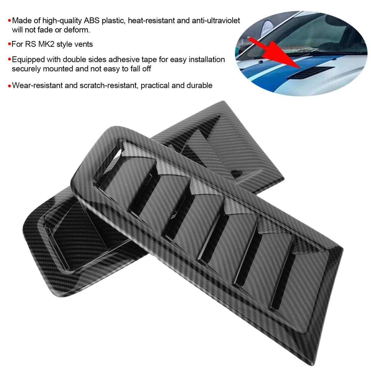 Car Hood Vent, 2Pcs Universal Bonnet Air Vents Engine Intake Louvers Hood Scoop Vent Kit for RS MK2 Style (Carbon Fiber) thumbnail 2