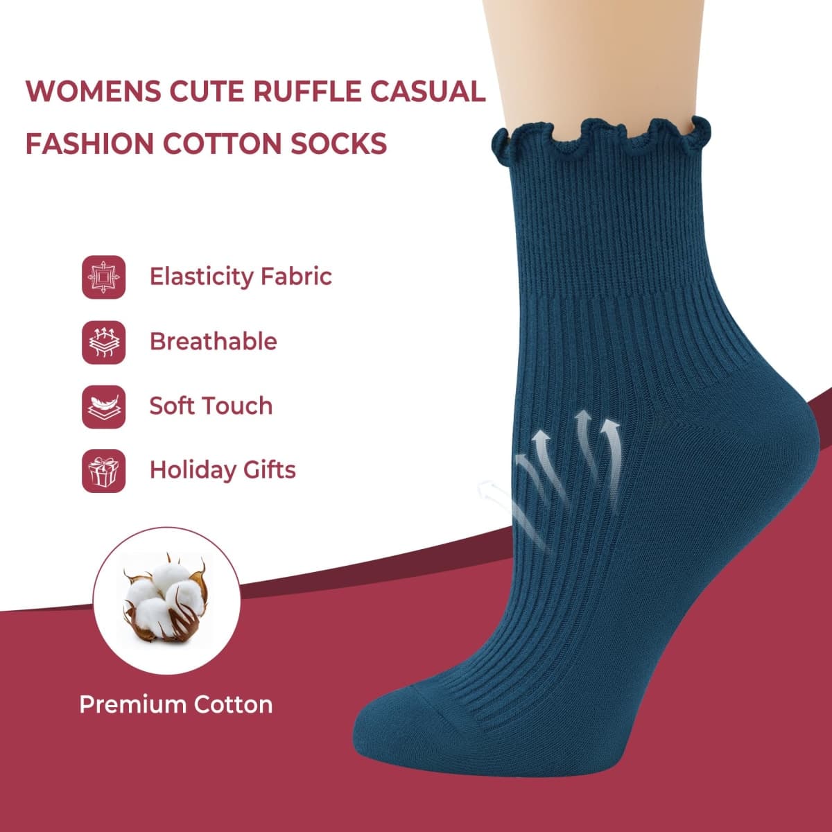 SERISIMPLE Womens Ruffle Crew Socks Cotton Cute Ankle Soft Breathable Casual Fashion Frilly Socks 6 Pairs, Dark Blue, Large thumbnail 3