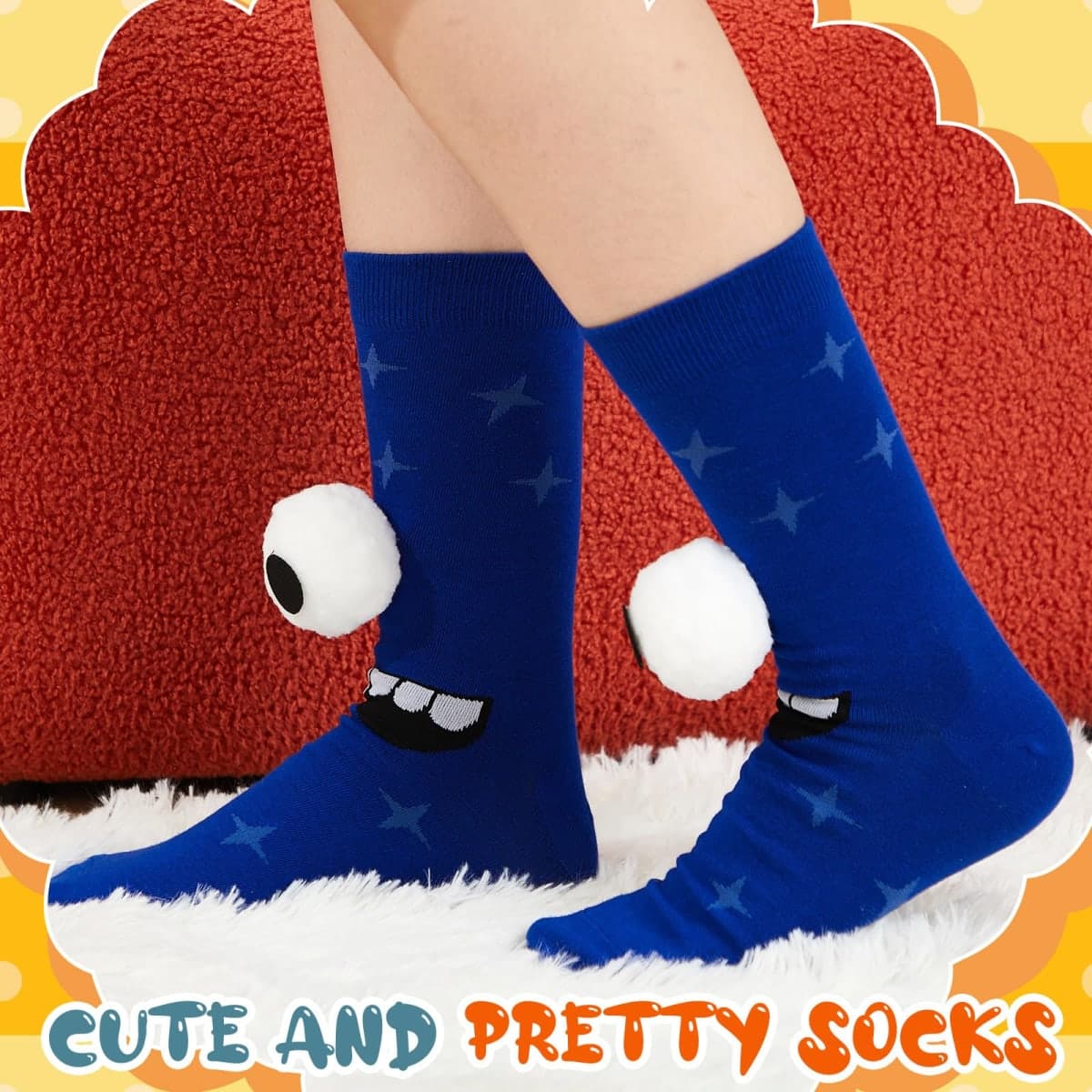 Jamntower 3D Eyes Monster Socks Novelty Funny Silly Fashion Cartoon Patterned Fuzzy Plush for Socks Day Men Women, Red and Yellow, Medium thumbnail 2