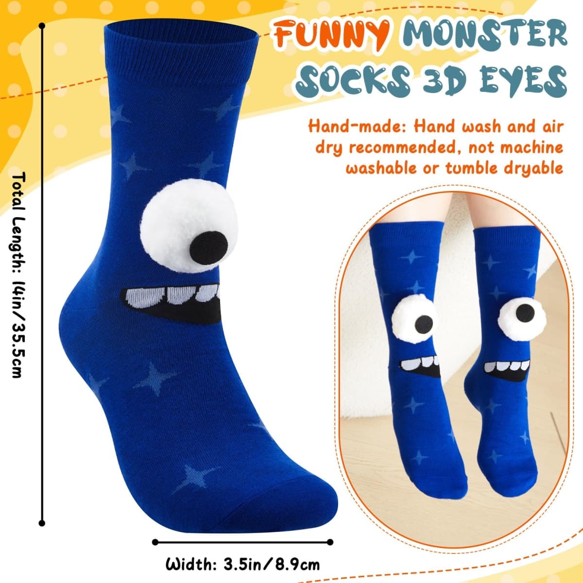 Jamntower 3D Eyes Monster Socks Novelty Funny Silly Fashion Cartoon Patterned Fuzzy Plush for Socks Day Men Women, Red and Yellow, Medium thumbnail 3