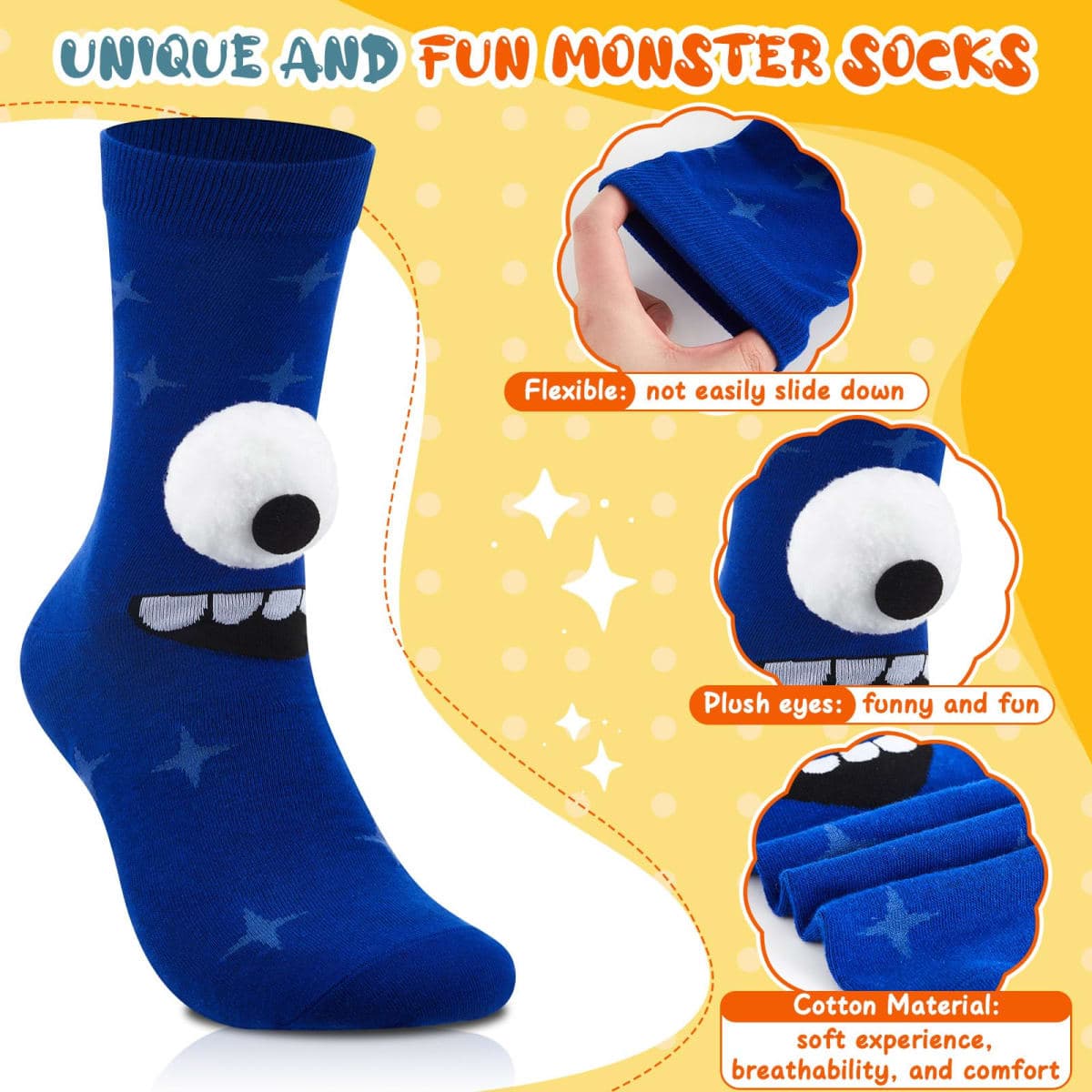 Jamntower 3D Eyes Monster Socks Novelty Funny Silly Fashion Cartoon Patterned Fuzzy Plush for Socks Day Men Women, Red and Yellow, Medium thumbnail 4