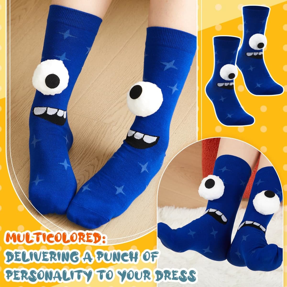 Jamntower 3D Eyes Monster Socks Novelty Funny Silly Fashion Cartoon Patterned Fuzzy Plush for Socks Day Men Women, Red and Yellow, Medium thumbnail 5