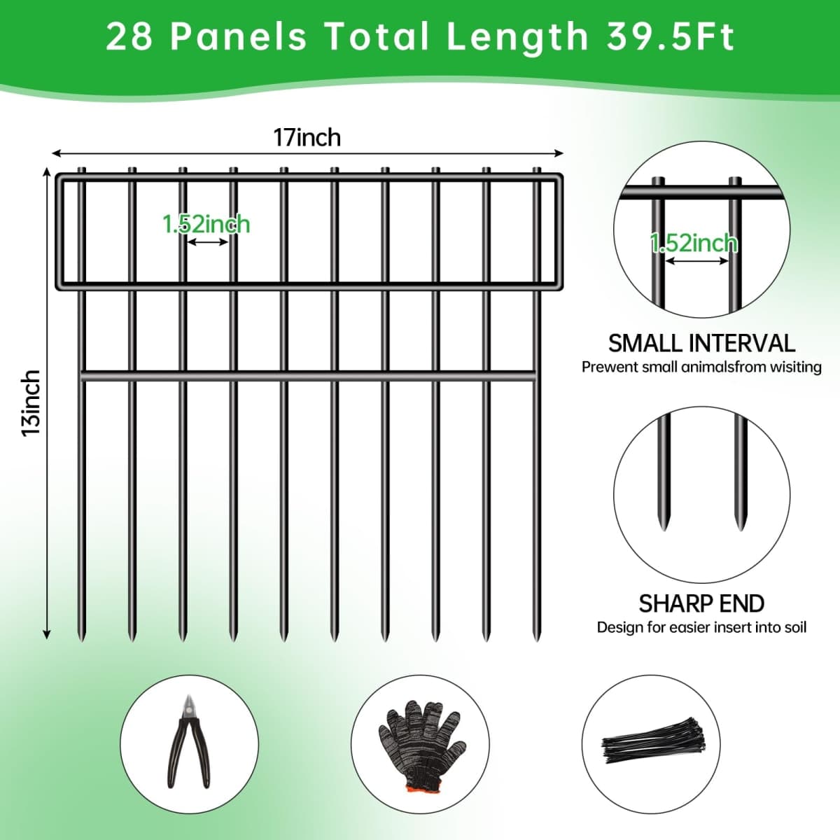39.5ft(L) X 13in(H) Animal Barrier Fence, 28 Panels No Dig Fence for Dogs, 1.52IN Gap Anti Digging Dog Barrier, Rustproof Metal Garden Edging Border Defense for Outdoor, Yard, Lawn thumbnail 2