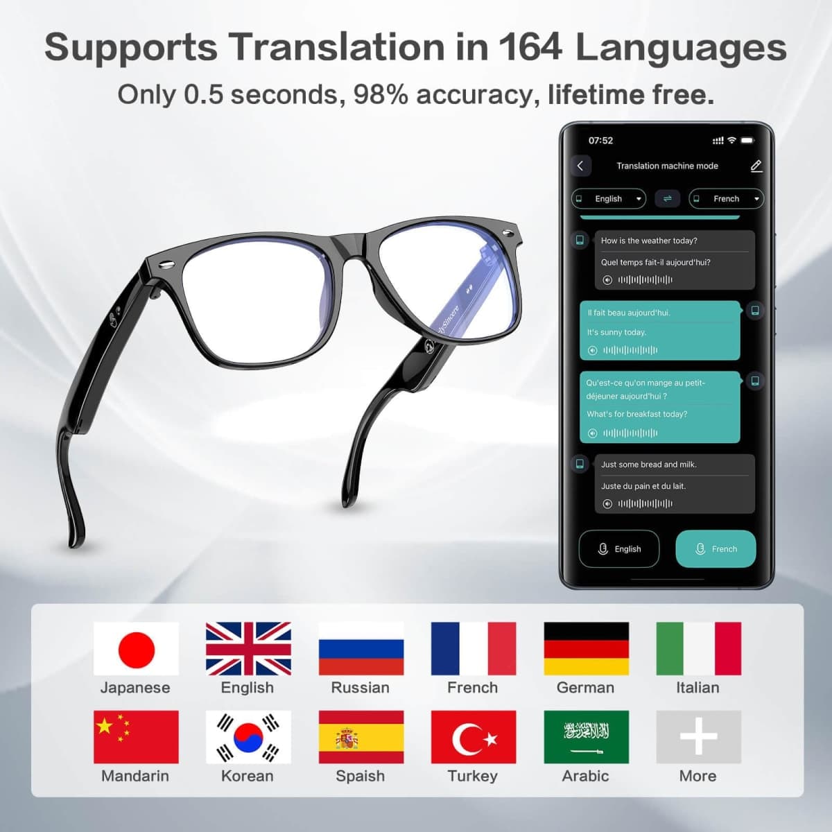 EarlySincere AI Translation smart Glasses with Chat GPT Bluetooth for Men and Women 163 Language Changing Lenses transpare thumbnail 4