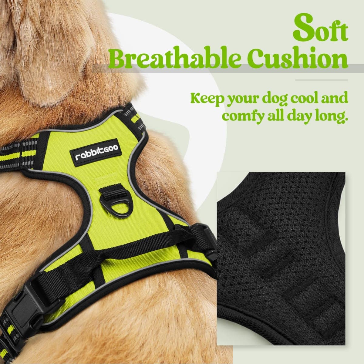 rabbitgoo Dog Harness, No-Pull Pet Harness with 2 Leash Clips, Adjustable Soft Padded Dog Vest, Reflective No-Choke Pet Oxford Vest with Easy Control Handle for Large Dogs, Wild Lime, XL thumbnail 3