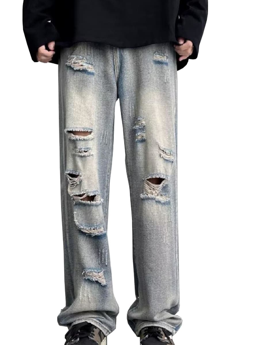 DAVID.ANN Ripped Distressed Destroyed Jeans,Straight Leg Denim Pants, Light Blue, Small