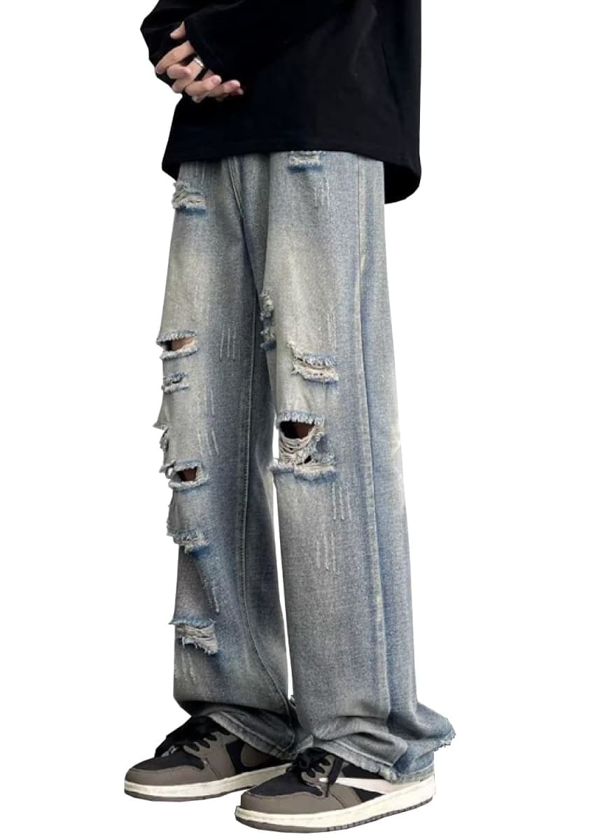 DAVID.ANN Ripped Distressed Destroyed Jeans,Straight Leg Denim Pants, Light Blue, Small thumbnail 2