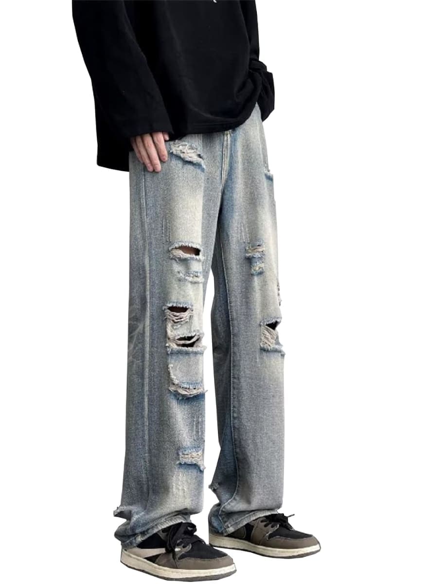 DAVID.ANN Ripped Distressed Destroyed Jeans,Straight Leg Denim Pants, Light Blue, Small thumbnail 3