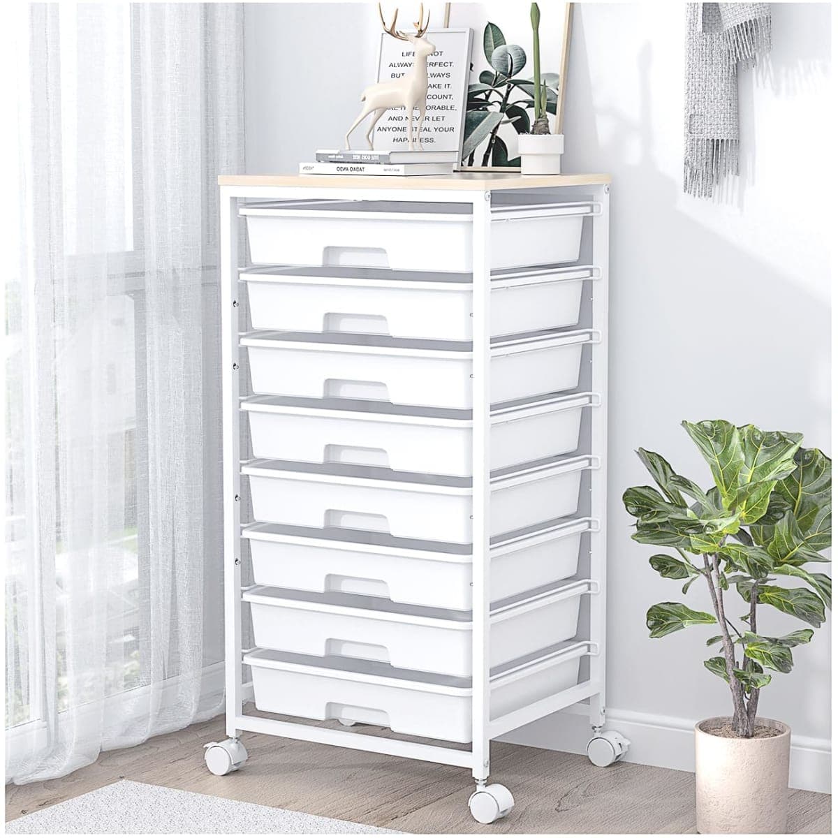 SYKIARIOL Rolling Storage Cart with Drawers,Utility Cart With 8 Drawers and Wooden Tabletop,Rolling Drawer Cart,Storage Drawer Cart for Living Room,Classroom,Bedroom,Bathroom,Dorm,Office,White — image 1