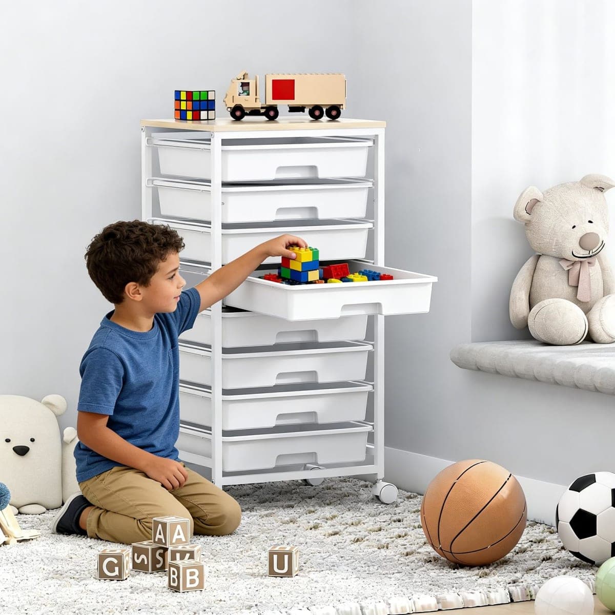SYKIARIOL Rolling Storage Cart with Drawers,Utility Cart With 8 Drawers and Wooden Tabletop,Rolling Drawer Cart,Storage Drawer Cart for Living Room,Classroom,Bedroom,Bathroom,Dorm,Office,White thumbnail 2