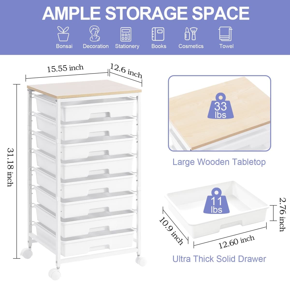 SYKIARIOL Rolling Storage Cart with Drawers,Utility Cart With 8 Drawers and Wooden Tabletop,Rolling Drawer Cart,Storage Drawer Cart for Living Room,Classroom,Bedroom,Bathroom,Dorm,Office,White thumbnail 3