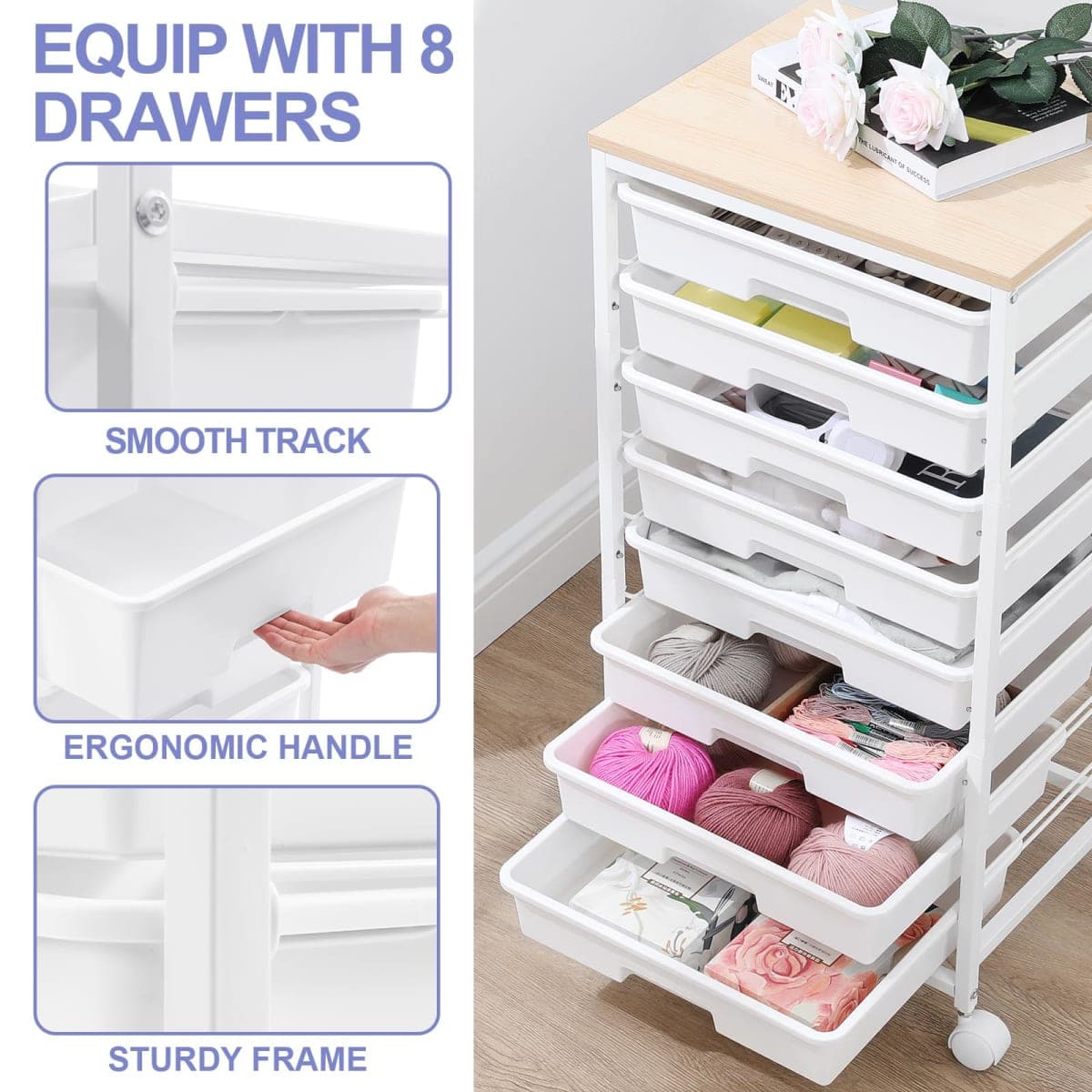 SYKIARIOL Rolling Storage Cart with Drawers,Utility Cart With 8 Drawers and Wooden Tabletop,Rolling Drawer Cart,Storage Drawer Cart for Living Room,Classroom,Bedroom,Bathroom,Dorm,Office,White thumbnail 5