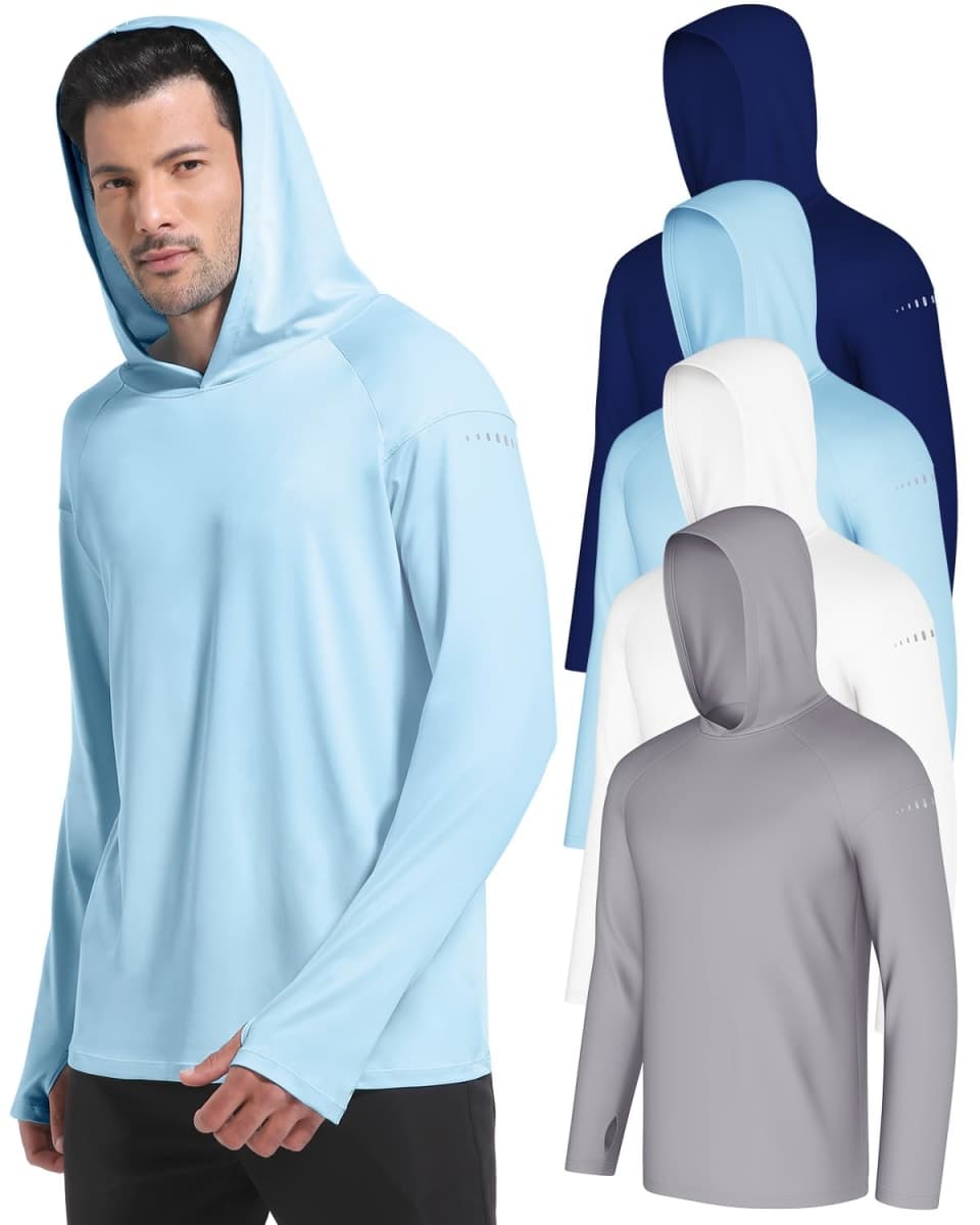 4 Pack Men's Sun Hoodie UPF 50+ Long Sleeve Fishing Shirts UV Protection Athletic Swim Thin Top Rash Guard, Light Gray-white-light Blue-deep Blue, Large — image 1