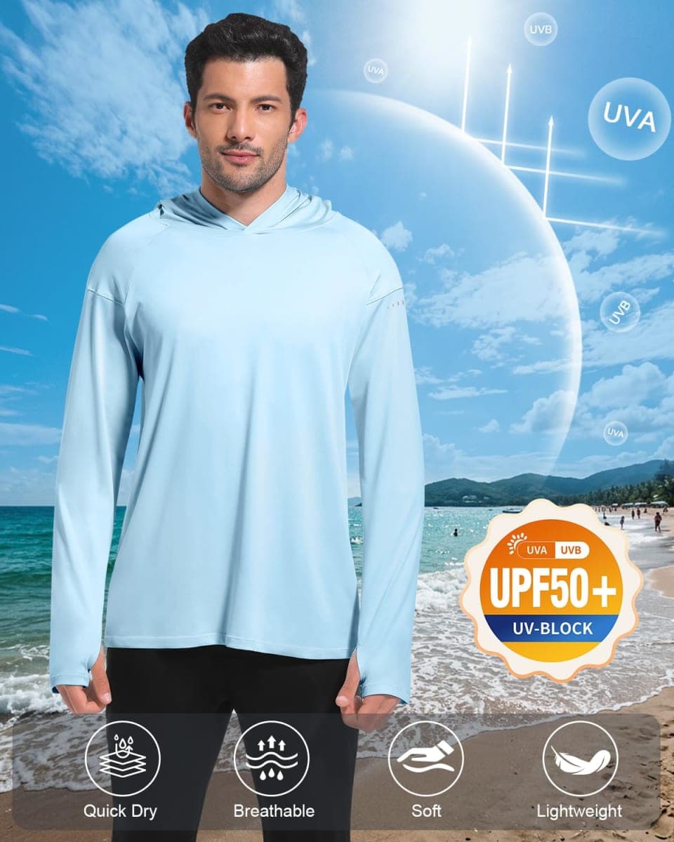 4 Pack Men's Sun Hoodie UPF 50+ Long Sleeve Fishing Shirts UV Protection Athletic Swim Thin Top Rash Guard, Light Gray-white-light Blue-deep Blue, Large thumbnail 3