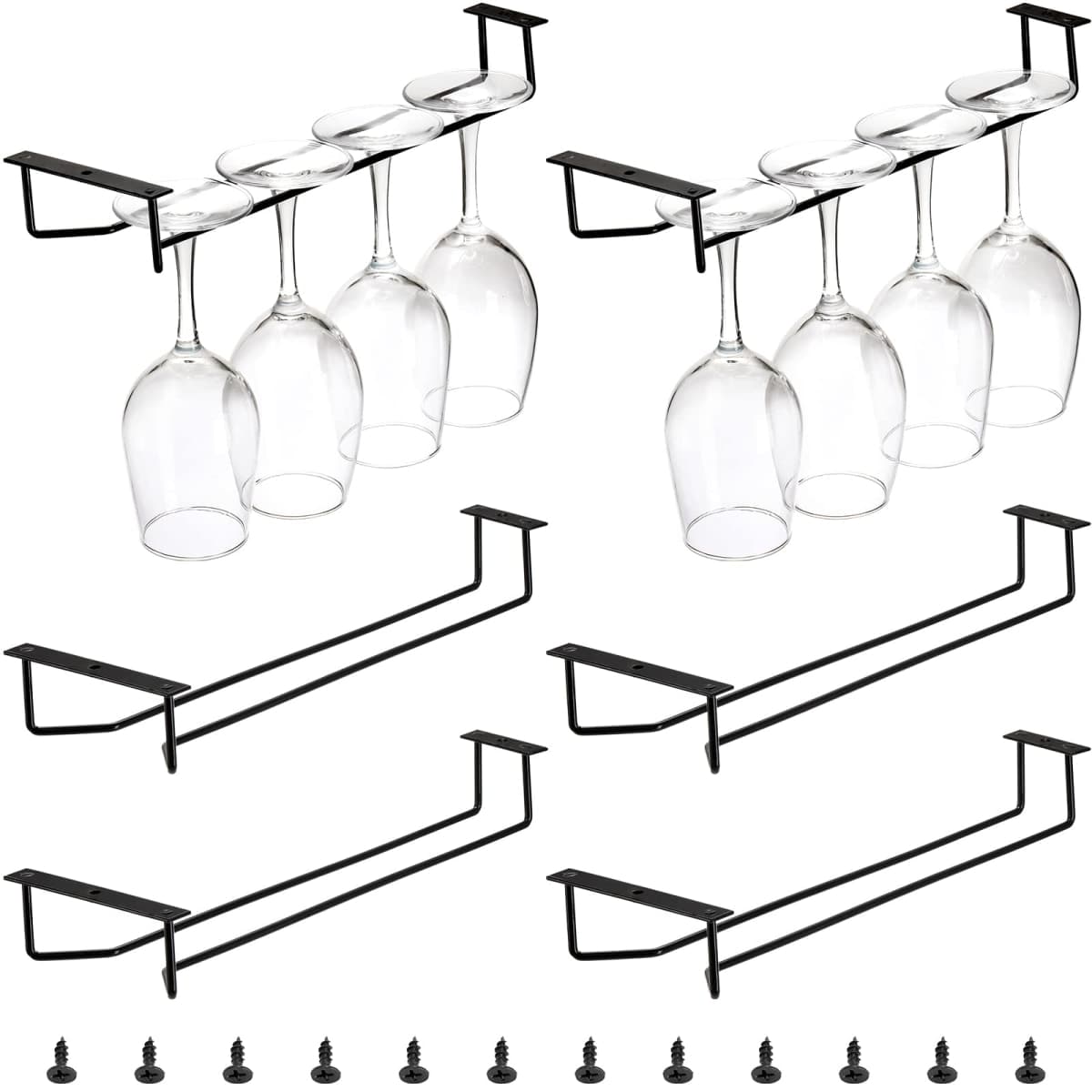 Dicunoy 6 Pack Wine Glass Rack, 14 Inch Black Under Cabinet Wine Glass Holder, Stemware Rack Holder, Iron Glasses Under Shelf Storage Hanger, Glasses Hanging Rack, Stemware Holder for Shelf, Bar — image 1