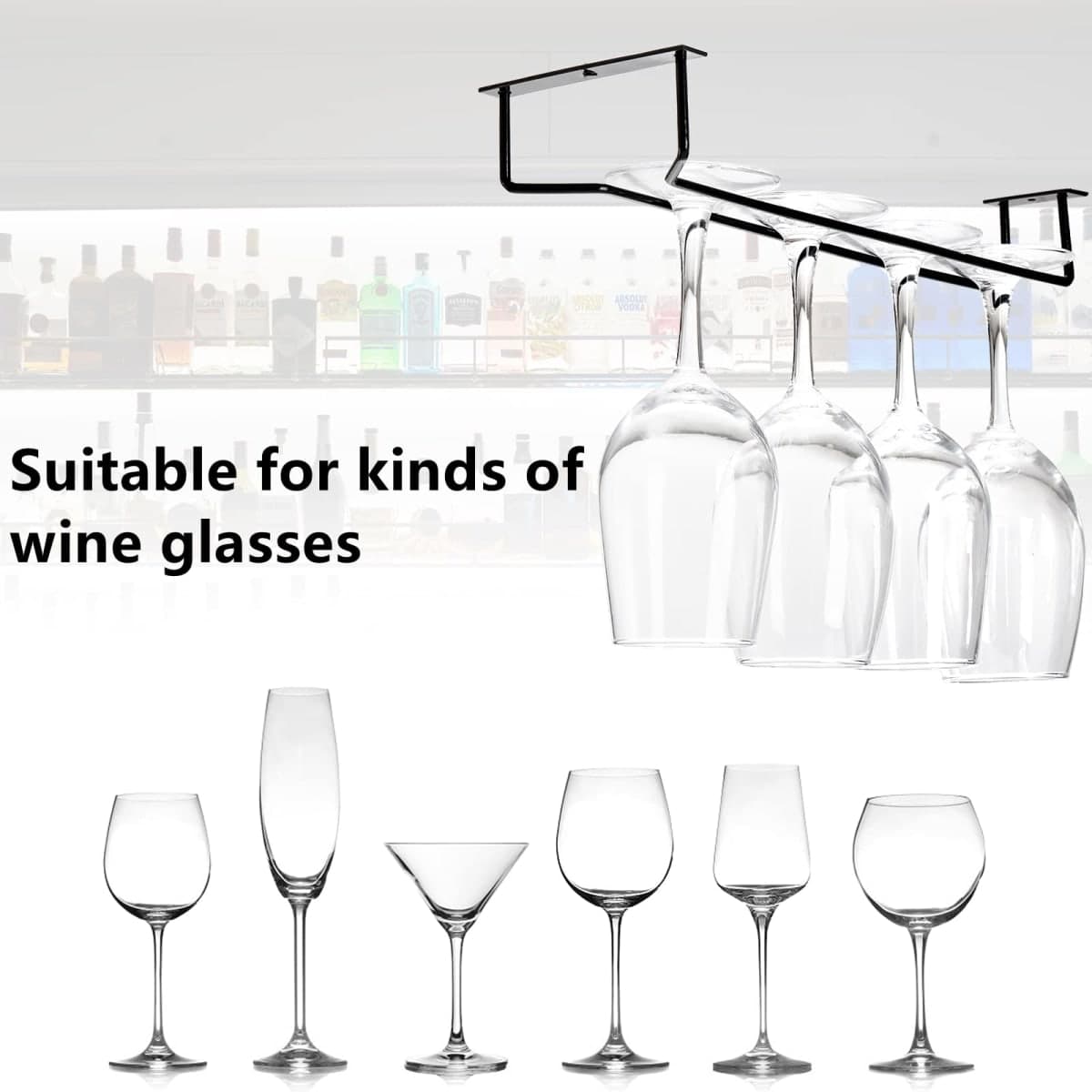 Dicunoy 6 Pack Wine Glass Rack, 14 Inch Black Under Cabinet Wine Glass Holder, Stemware Rack Holder, Iron Glasses Under Shelf Storage Hanger, Glasses Hanging Rack, Stemware Holder for Shelf, Bar thumbnail 4