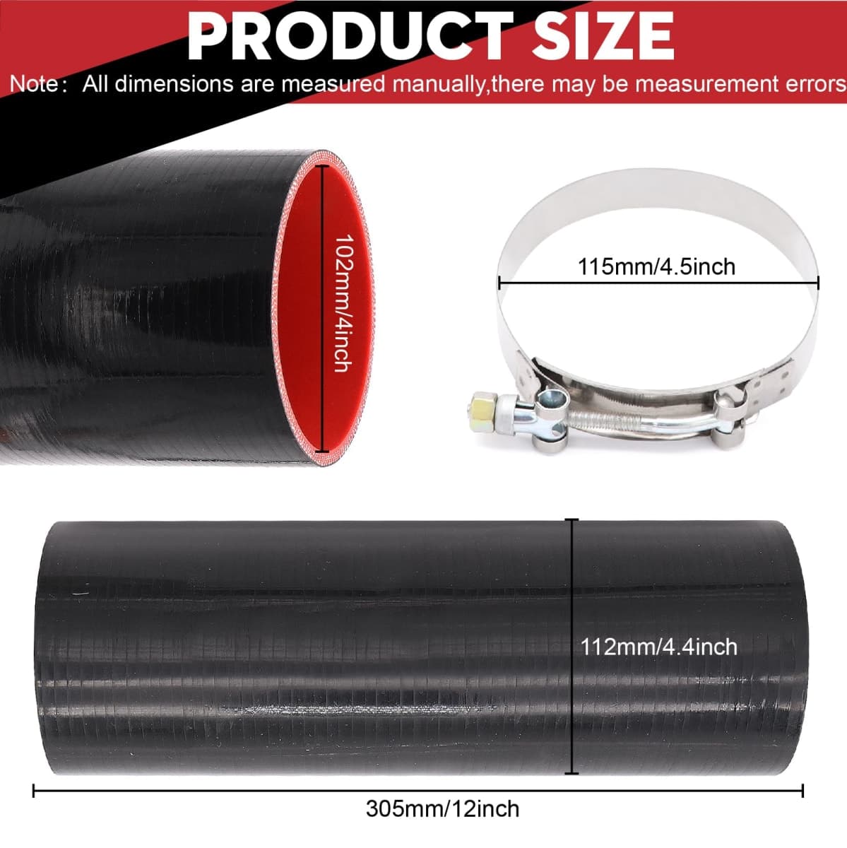Taigoehua ID 4inch 4-Ply Straight Coupler Silicone Hose 5mm thickness 12inch Length with 2*Stainless Steel T-clamps (4inch(102mm)) thumbnail 3