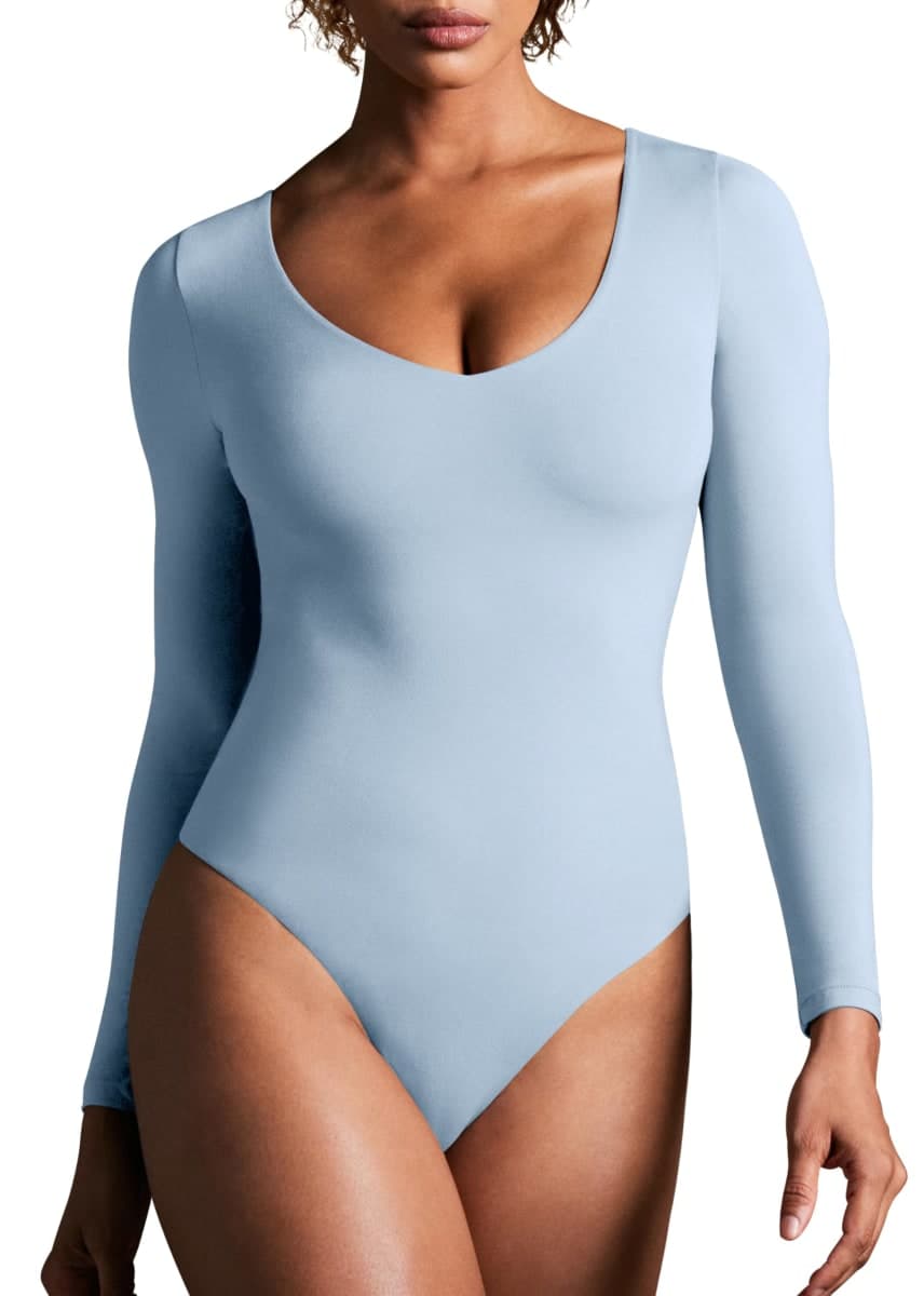 IUGA Long Sleeve Bodysuits for Women Tummy Control Shapewear Bodysuit V Neck Body Suits for Womens, Soft Blue, Medium — image 1