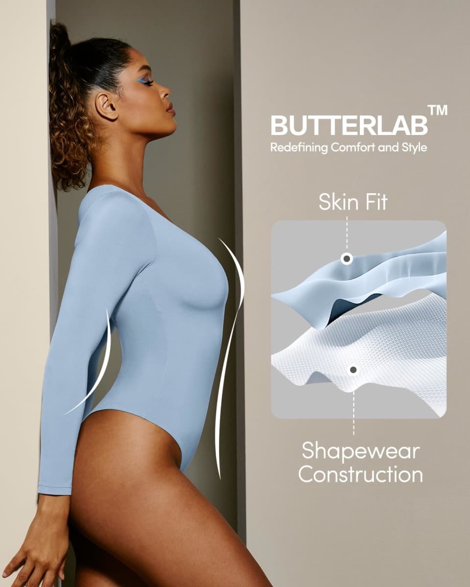 IUGA Long Sleeve Bodysuits for Women Tummy Control Shapewear Bodysuit V Neck Body Suits for Womens, Soft Blue, Medium thumbnail 2