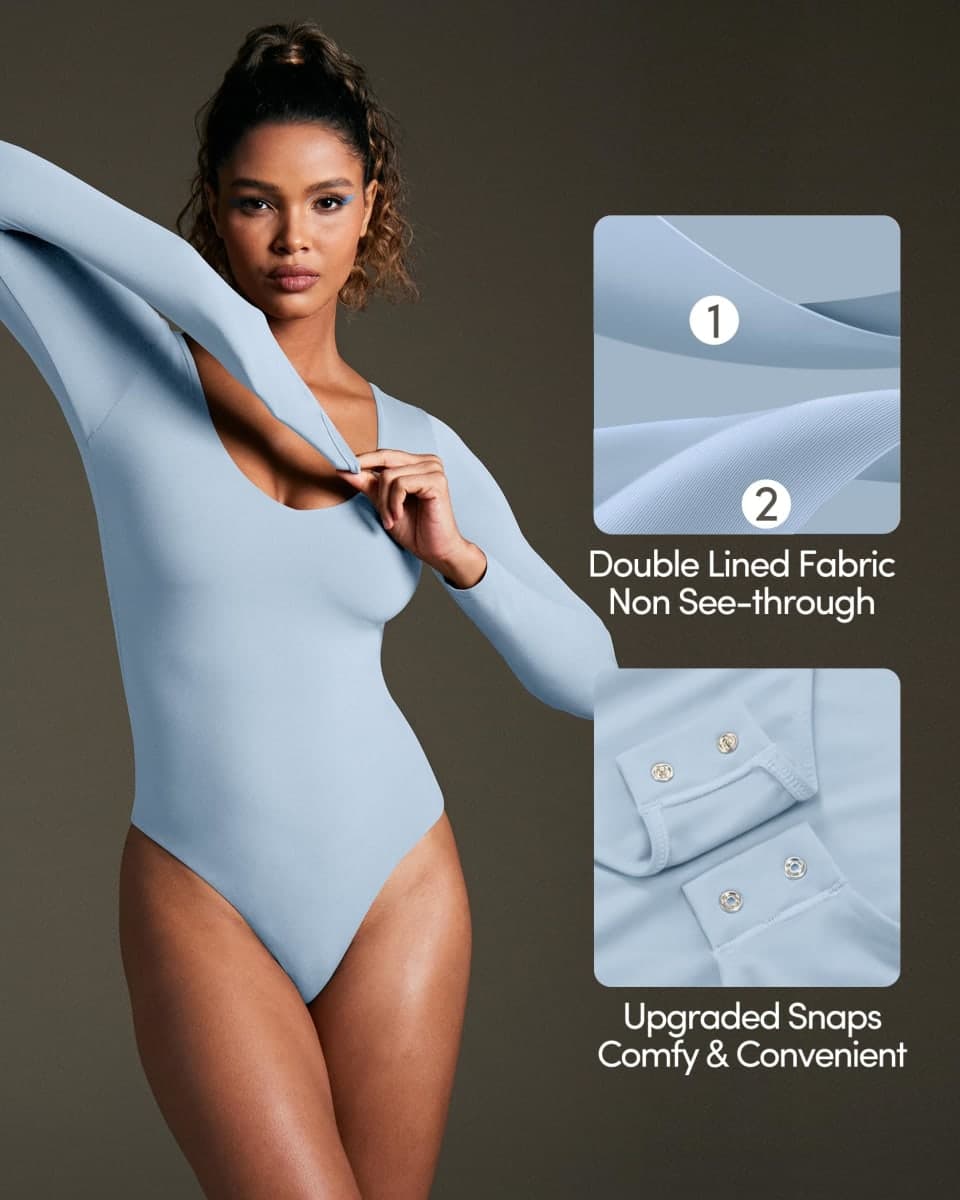 IUGA Long Sleeve Bodysuits for Women Tummy Control Shapewear Bodysuit V Neck Body Suits for Womens, Soft Blue, Medium thumbnail 3