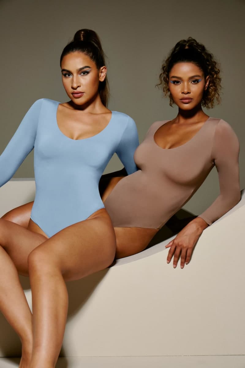 IUGA Long Sleeve Bodysuits for Women Tummy Control Shapewear Bodysuit V Neck Body Suits for Womens, Soft Blue, Medium thumbnail 4