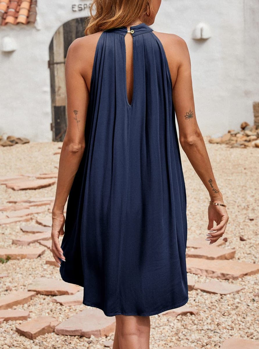 KIRUNDO Women's 2025 Summer Halter Neck Sleeveless Mini Dress Loose Tank Top Pleated Flowy Short Beach Sundresses, Dark Blue, Large thumbnail 5