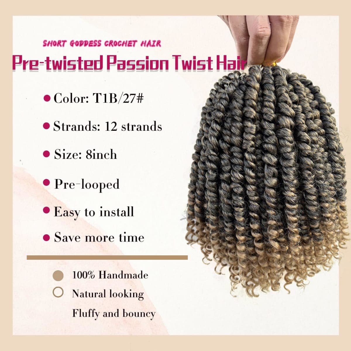 8 Packs Passion Twist Crochet Hair 8 Inch Pretwisted Crochet Passion Twist Hair Ombre Prelooped Short Passion Twist Hair Soft Crochet Braids Hair for Women #T1B/27 thumbnail 2
