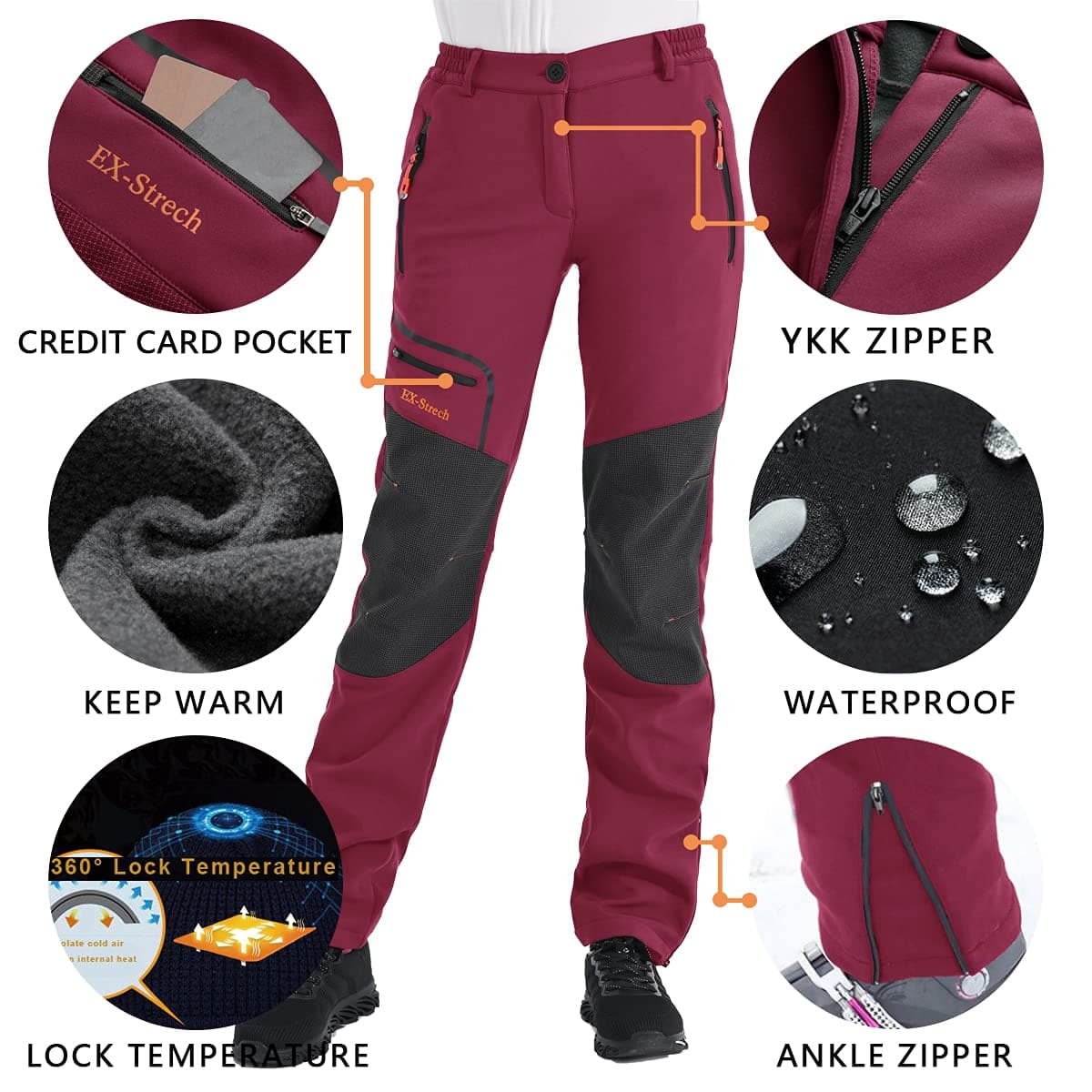 Postropaky Womens Outdoor Snow Ski Pants Waterproof Hiking Insulated Softshell Pants Snowboard Zipper Bottom Leg, Rose, 6 Short thumbnail 3