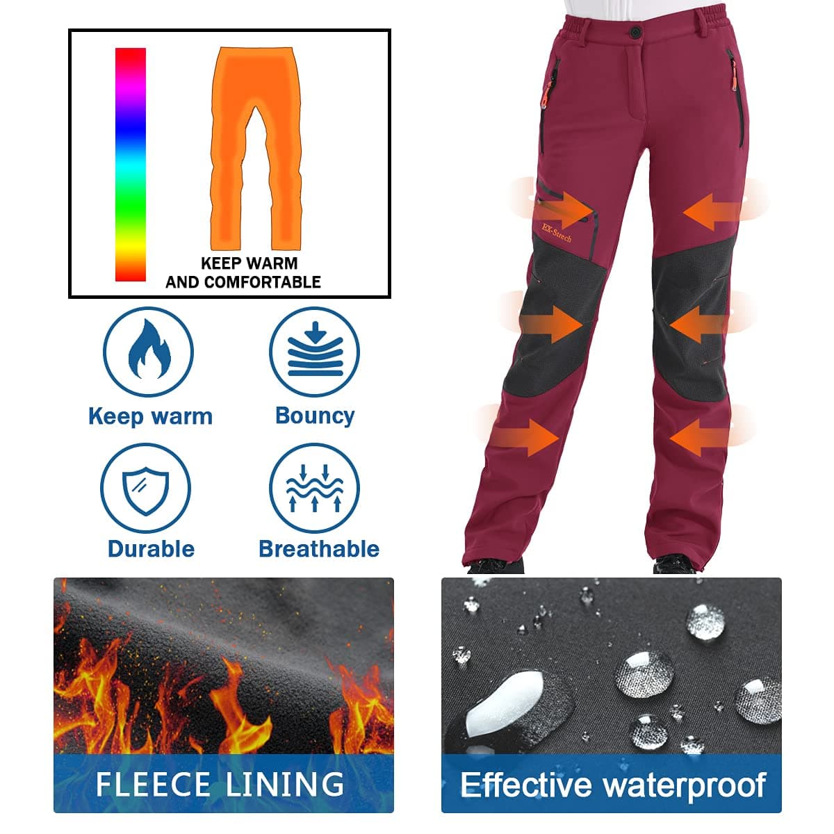 Postropaky Womens Outdoor Snow Ski Pants Waterproof Hiking Insulated Softshell Pants Snowboard Zipper Bottom Leg, Rose, 6 Short thumbnail 4