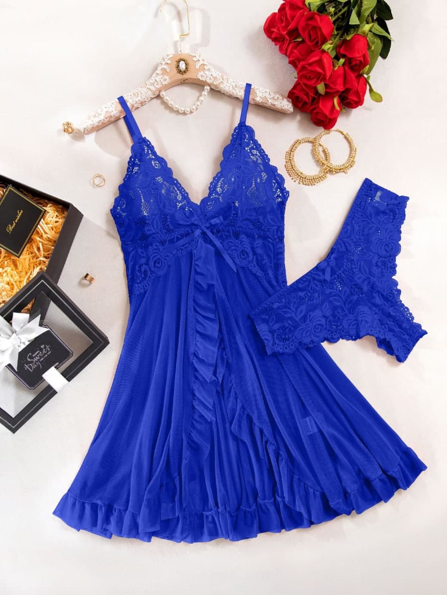 Foxiny Sexy Open Front Ruffle Sheer Mesh Lace Wireless Babydoll Lingerie Dress with Thong 2 Piece, Royal Blue, Medium thumbnail 4