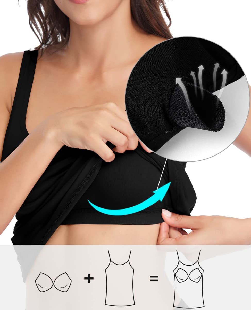 V FOR CITY Tank Top for Women with Built-in Bra Adjustable Wide Strap Camisole Cotton Yoga Shirts Black thumbnail 4