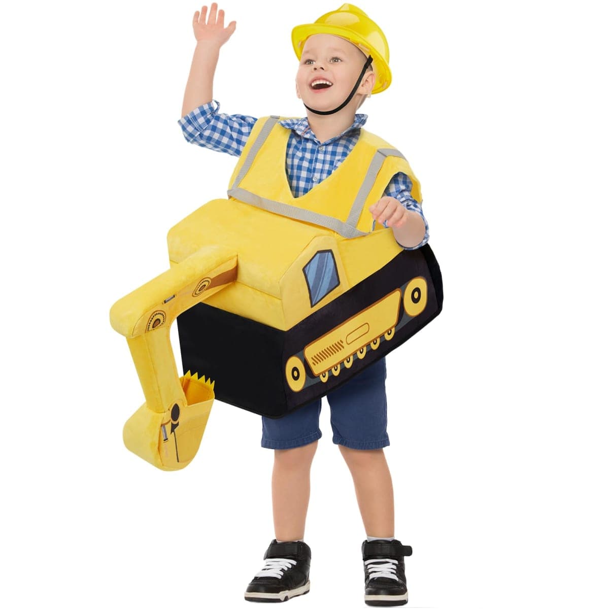 Toulite Halloween Digger Ride On Child Costume - Yellow 3D Bulldozer Construction Worker Costume with Construction Hat for Kids Cosplay Occupation Party, 4 Years — image 1