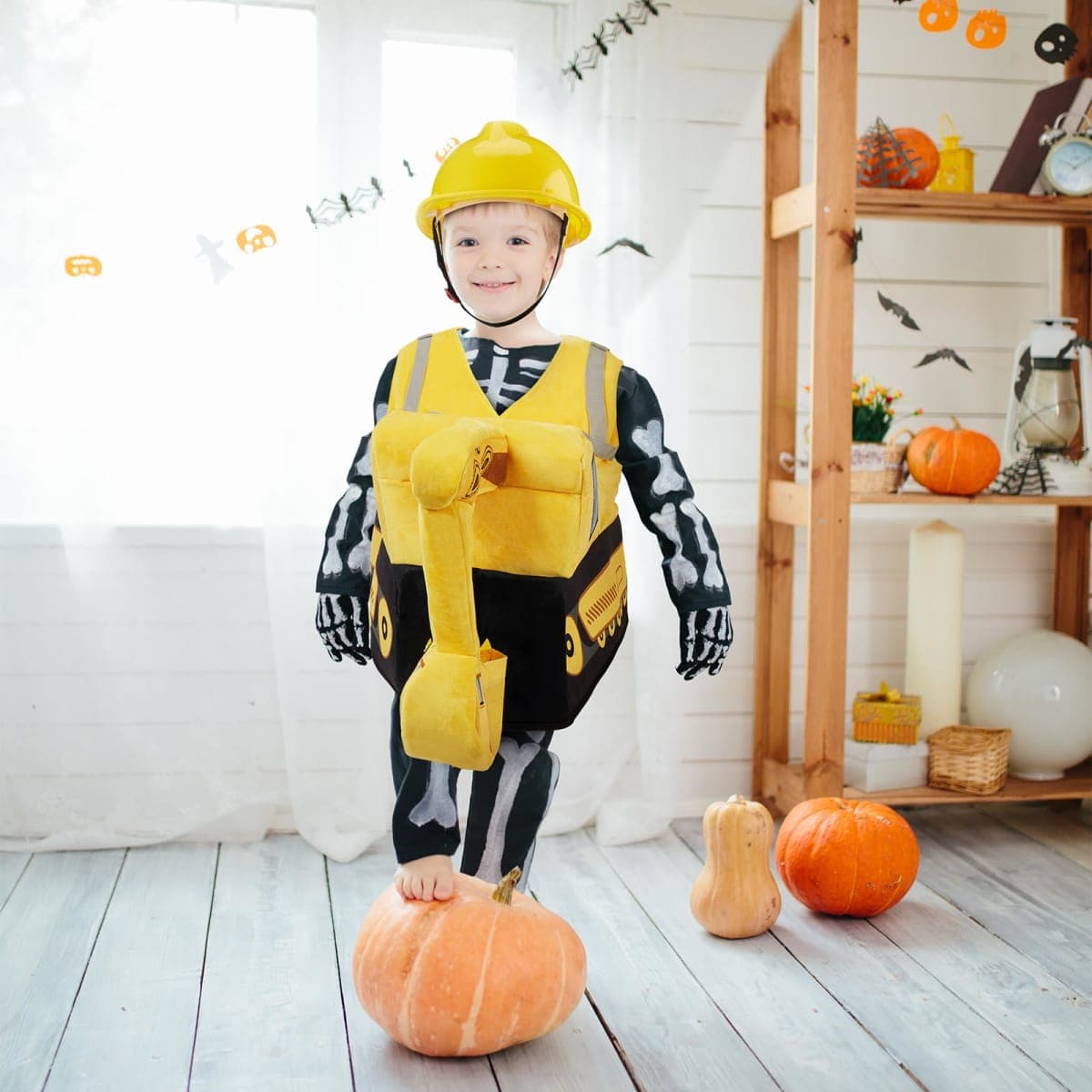 Toulite Halloween Digger Ride On Child Costume - Yellow 3D Bulldozer Construction Worker Costume with Construction Hat for Kids Cosplay Occupation Party, 4 Years thumbnail 3