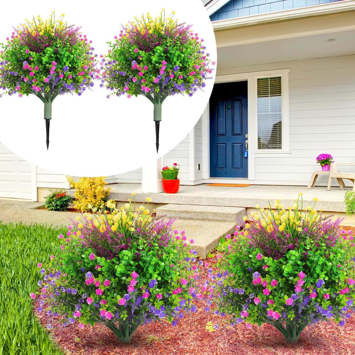 Yunlly 2 Pcs Artificial Faux Flower with Spikes 24.8 Inch Realistic UV Resistant Faux Flowers Plants with Ground Spike for Indoor Outdoor Garden Yard Spring Summer Wedding Decoration