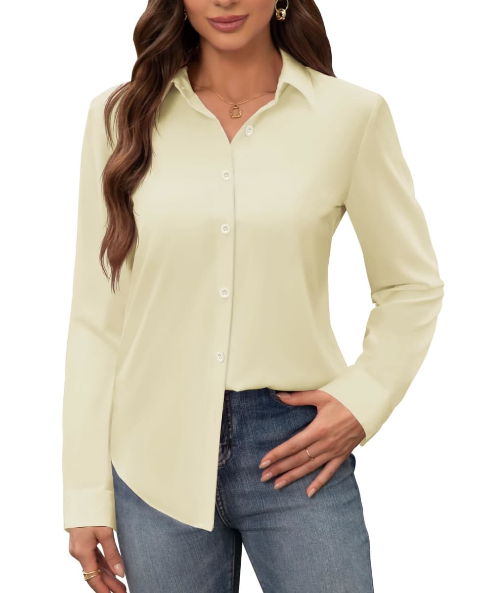 siliteelon Women's Stain Shield Dress Shirts Wrinkle Free Long Sleeve Shirts Solid Work Business Button Down Shirts, All White, XX-Large — image 1
