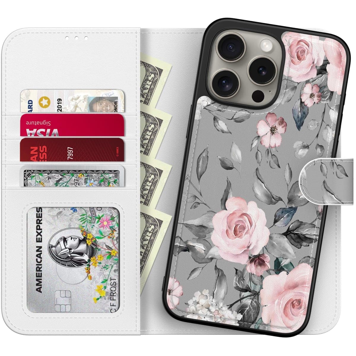 LUMARKE Designed for iPhone 13 Pro Wallet Case - Detachable Flip Folio Cover - RFID Blocking 4 Card Slots Holder - Leather Magnetic Kickstand - Protective Phone Case 6.1",Elegant Pink Floral — image 1