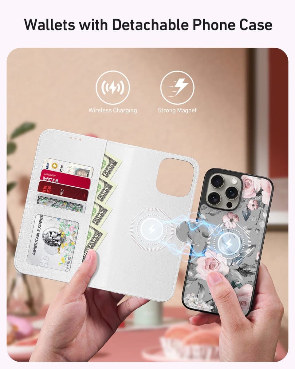 LUMARKE Designed for iPhone 13 Pro Wallet Case - Detachable Flip Folio Cover - RFID Blocking 4 Card Slots Holder - Leather Magnetic Kickstand - Protective Phone Case 6.1",Elegant Pink Floral thumbnail 2