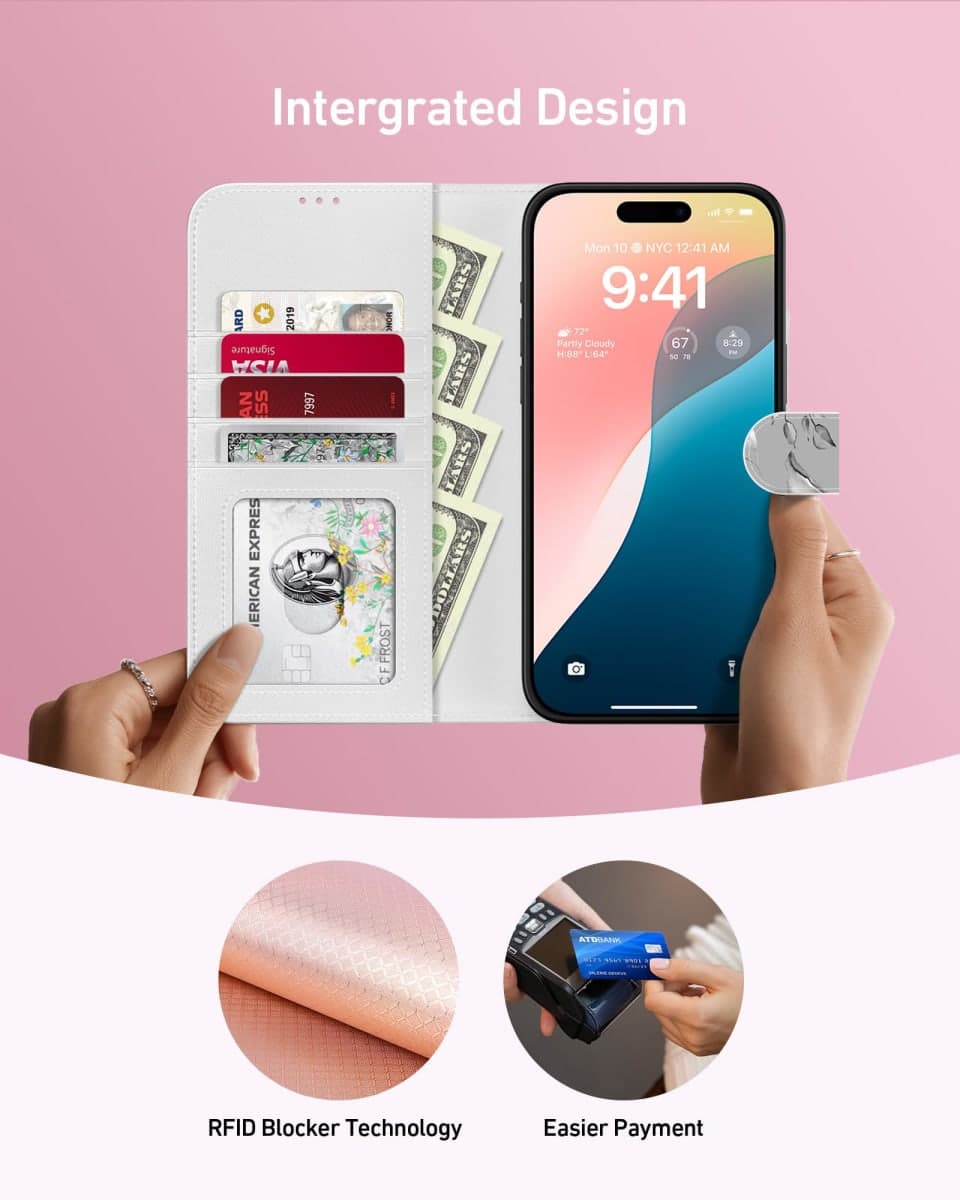 LUMARKE Designed for iPhone 13 Pro Wallet Case - Detachable Flip Folio Cover - RFID Blocking 4 Card Slots Holder - Leather Magnetic Kickstand - Protective Phone Case 6.1",Elegant Pink Floral thumbnail 3