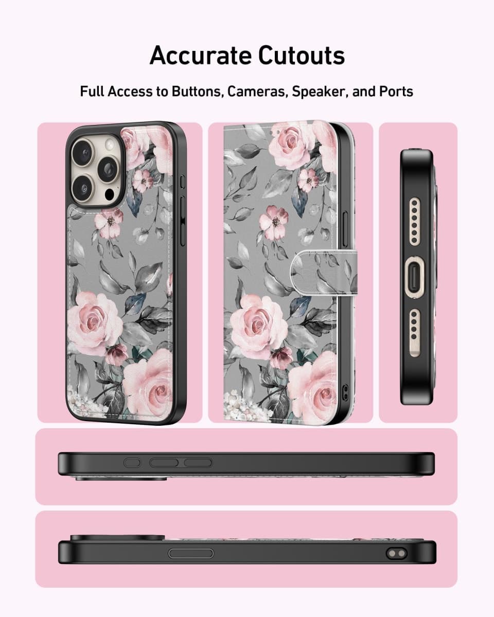 LUMARKE Designed for iPhone 13 Pro Wallet Case - Detachable Flip Folio Cover - RFID Blocking 4 Card Slots Holder - Leather Magnetic Kickstand - Protective Phone Case 6.1",Elegant Pink Floral thumbnail 5
